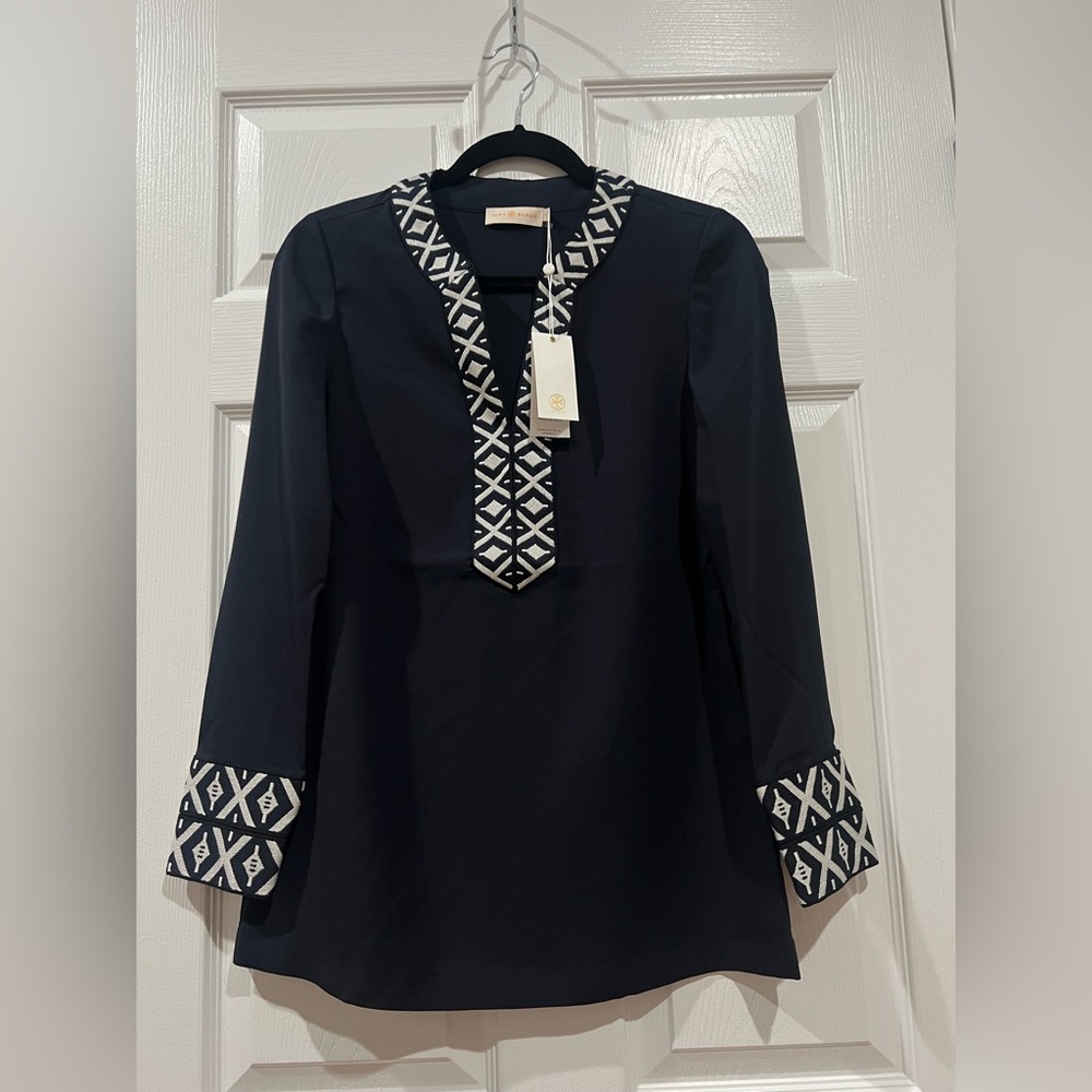 Tory Burch Tunic Top Navy Blue Embroidered Long Sleeve top Blouse Shirt 0